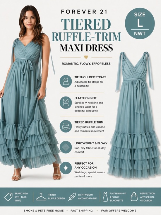 Forever 21 Dresses & Skirts - Forever 21 Blue Green Tiered Ruffle Trim Maxi Dress NWT Size L